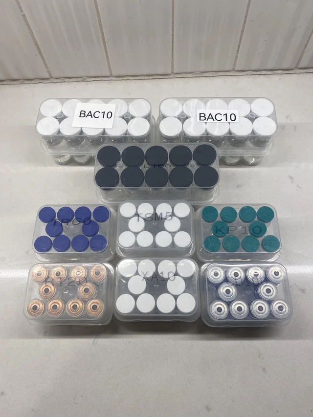 Research bench setup with vials and bacteriostatic water